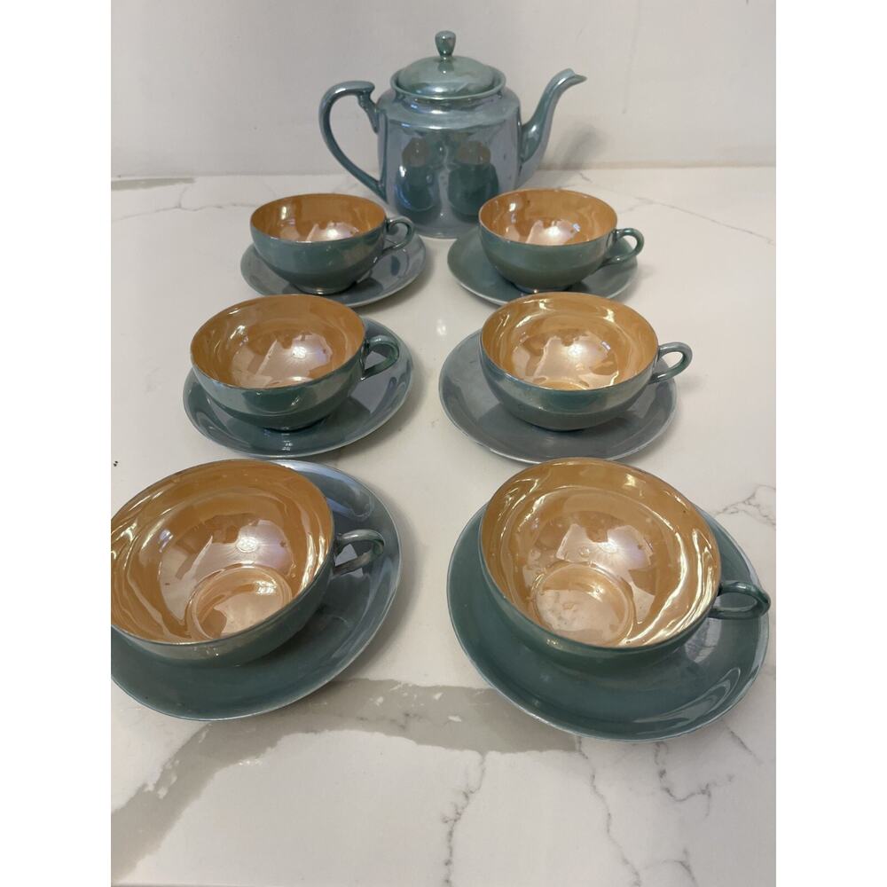 Lusterware Japan Vtg Tea Set  Iridescent Glaze Sea Foam Green/Caramel 12 Pieces